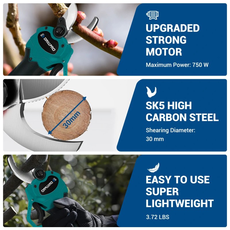 Drillpro 24 V langattomat akkukäyttöiset oksasakset 750 W 7500 mAh 30 mm lisäteräsarjat