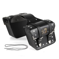 Moottoripyörän mustat sivusatulalaukut vasen ja oikea työkalutaskuilla