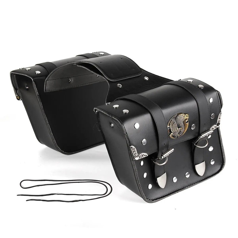 Moottoripyörän mustat sivusatulalaukut vasen ja oikea työkalutaskuilla