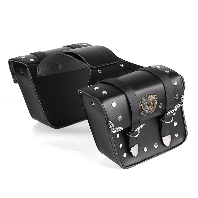 Moottoripyörän mustat sivusatulalaukut vasen ja oikea työkalutaskuilla